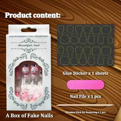 24Pcs Pink Coffin Nails Press on Nails Long Coffin Fake Nail with 3D Heart Pearl Star Charms Design Nail Art Gems Diamond Pink Acrylic Nail Art Supply Full Cover Stick on Nails Art for Women