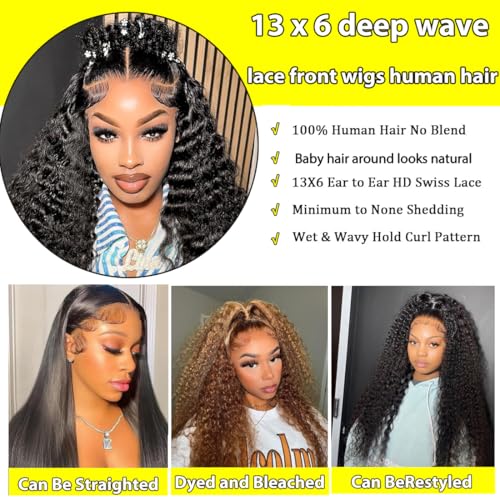 Deep Wave Lace Front Wigs Human Hair 13x6 Lace Front Wigs Human Hair Deep Curly lace Frontal Wigs for Black Women Pre Plucked with Natural Color 20 Inch