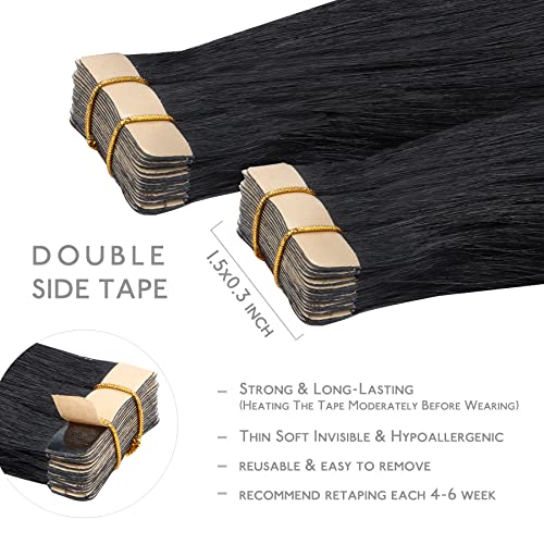 WENNALIFE Tape in Hair Extensions Human Hair, 20pcs 50g 24 inch Jet Black Remy Hair Extensions Straight Human Hair Tape in Extensions Skin Weft Tape Extensions Human Hair