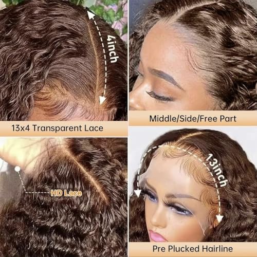 14 Inch 13x4 Chocolate Brown Lace Front Wigs Human Hair HD 4# Colored Kinky Curly Bob Dark Brown Wig Human Hair Pre Plucked for Black Women 180% Density