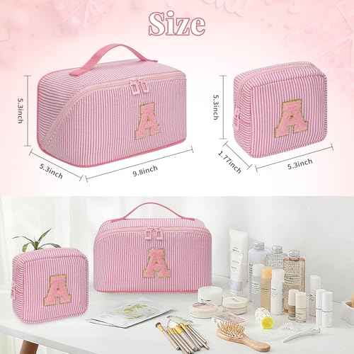 Travel Makeup Bag for Women, 2Pcs Portable Personalized Initial Makeup Organizer Bag, Open Flat Large Cosmetic Bag With Travel Essential Pouch (Pink Letter L)