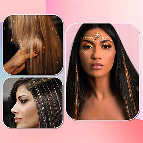 Brown Hair Tinsel Kit with Tools and Instruction Easy to Use 1200 Strands 48 Inches Glitter Tinsel Hair Extensions for Women and Girls, Sparkling Shinny Fairy Hair Accessories for Christmas New Year Halloween Cosplay Party