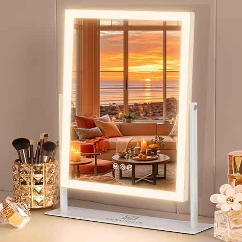 FENCHILIN Vanity Mirror with Lights 16.14" x 11.81",Lighted Makeup Mirror and Hollywood Mirror with Smart Touch Control 3 Colors Dimmable LED Light, 360¡ÆRotation 10X Magnification(White)