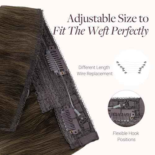 GOO GOO Wire Hair Extensions Human Hair, 4/27/4 Chocolate Brown with Caramel Blonde Balayage 12inch 70g, Invisible Wire Hair Extensions with Transparent, Seamless Fish Line Hairpiece