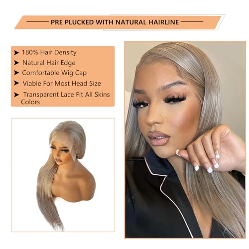 Ash Blonde Wig Human Hair 180% Density 13x6 Champagne Blonde HD Lace Front Wigs Human Hair Pre Plucked with Baby Hair,Virgin Human Hair Wig Blonde 13x6 Lace Frontal Wigs 16Inch