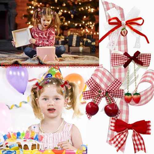 8 Pcs Cherry Strawberry Hair Accessories - Cute Alligator Clips, Flower Barrettes, Bow Decor for Teen Girls and Women, Hair Decoration, Christmas