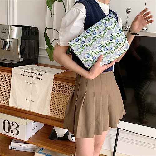 Makeup Bag for Women,Canvas Zipper Women Purse,Small Makeup Bag,Floral Cosmetic Bag,Fashion Cosmetic Brush Organizer,Sister Gift Travel Toiletries Bag(Blue)