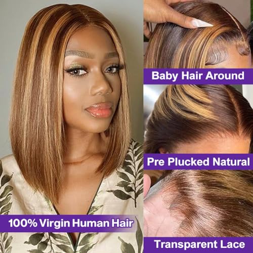 Hihmarm Ombre 4/27 Bob Wig Human Hair Highlight Honey Blonde Lace Frontal Bob Wigs 13x4 Straight Transparent Lace Front Wig Short Wig Human Hair Pre Plucked 14 Inch