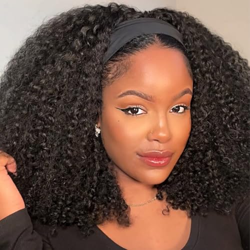 Headband Wig Human Hair Kinky Curly Headband Wigs for Black Women 20 Inch Human Hair Headband Wig Curly Human Hair Wig Half Wigs 150% Density Natural Black Color
