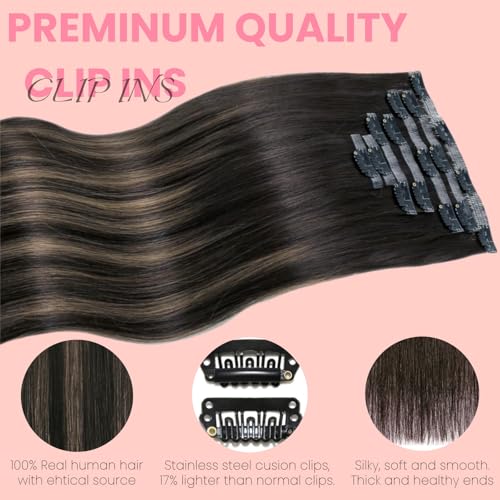 Clip in Extensions Real Human Hair 7pcs, Natural and Seamless 90g (Ombre Dark Brown to Chestnut Brown, 18 inch)