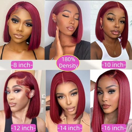 99j Bob Wig Human Hair 14 inch Lace Front Wigs Human Hair 180 Density 13x4 HD Straight Red Bob Wig Human Hair Pre Plucked with Baby Hair Glueless Burgundy Lace Frontal Wigs for Women