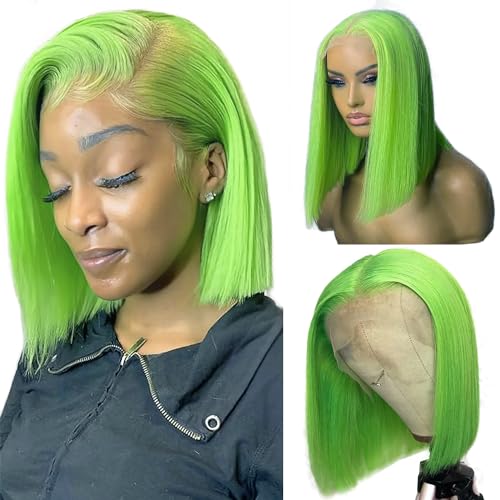 Lime Green Bob Wig Human Hair Lace Front Wigs 14 Inch 13x4 HD Lace Front Wigs Human Hair Pre Plucked Glueless Wigs Brazilian Virgin Human Hair Short Bob Wig for Women 180% Density Deep Part Hairline