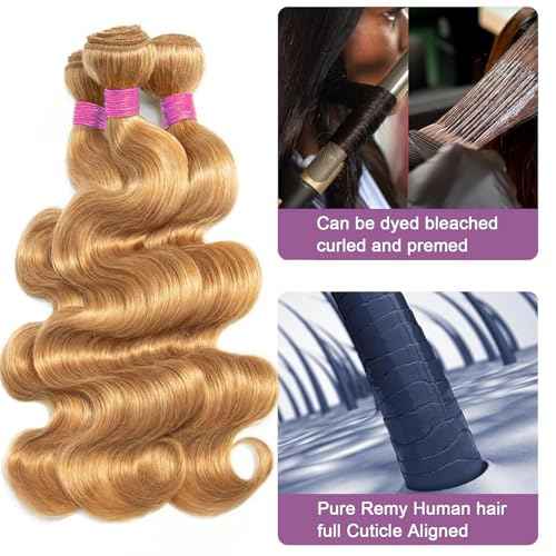 Vallbest Honey Blonde Bundles Human Hair #27 Body Wave Bundles 16 18 20 Inch 3 Bundles 100% Unprocessed Brazilian Virgin Hair 12A Virgin Raw Remy Weave Human Hair Extensions for Women