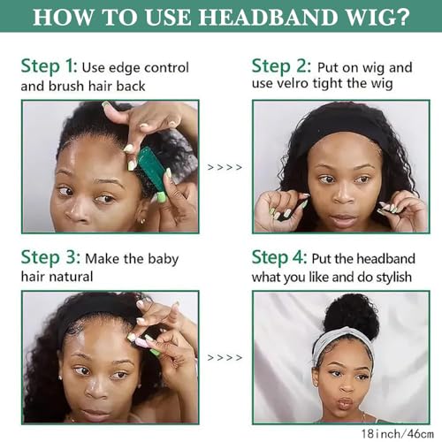 Zealady Human Hair Headband Wig For Black Women Kinky Straight Headband Wig 12A 180 Density Yaki Straight Human Hair Wigs With Headband Attached Half Wig 16 Inch