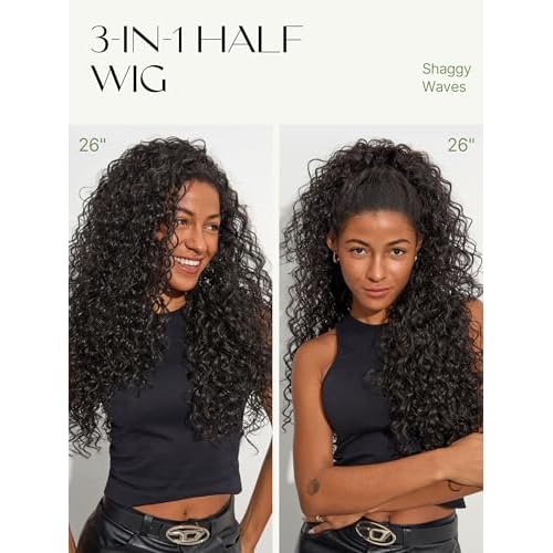 Frodio Curly Half Wig 26 Inches Veralux¢â Fiber Blend Human Hair 3 in 1 Shaggy Waves Flip Over Drawstring Wig 200% Density Glueless Wigs Natural Black Ready to Go Headband Wig for Women