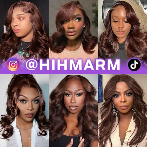 Hihmarm 13x4 Chocolate Brown Lace Front Wigs Human Hair Pre Plucked 12 Inch Body Wave Bob Wig Human Hair Short Bob Wigs for Black Women 180% Density Glueless Wig HD Lace Frontal Wigs Human Hair