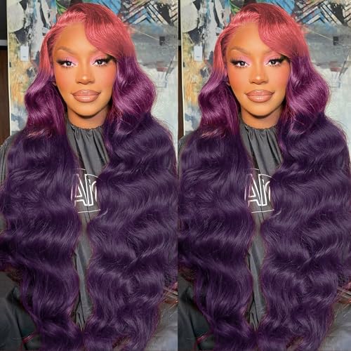 Colorful Bird Pink to Purple Lace Front Wig Human Hair Body Wave Glueless 13x4 Hd Lace Ombre Purple Lace Frontal Wig with Baby Hair Pre Plucked 180% Density 18 Inch