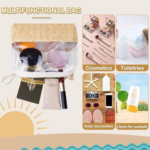 Boho Straw Makeup Bag,Small Clear Travel Cosmetic Bag Aesthetic Waterproof Portable Toiletry Bag,Preppy Cute Transparent TPU Zipper Purse Travel Beach bags sunscreen bag for Women Girls