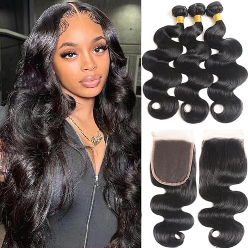 Bundles with Closure Human Hair Body Wave 100% Unprocessed Brazilian Virgin Human Hair 3 Bundles with Closure£¨14 16 18+12£©Human Hair Extensions with 4x4 Free Part Lace Closure Natural Black