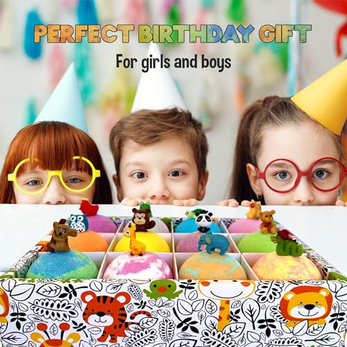 Bath Bombs for Kids with Surprise Inside, 12 Bubble Bath Fizzies with Jungle Animal Toys. Moisturizing, Gentle & Kids Safe, Rainbow Spa Bath Fizz, Stocking Stuffers Christmas Gifts for Boys, Girls