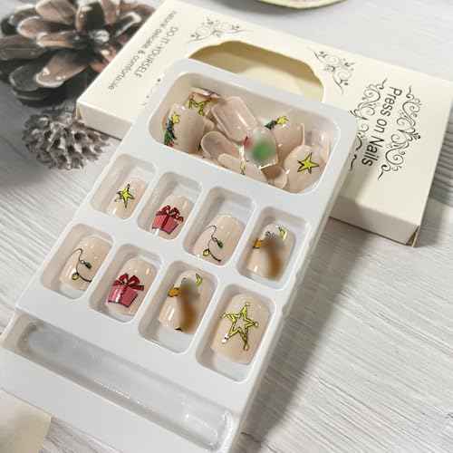Christmas Press on Nails Square Short Fake Nails Xmas False Nails With Christmas Tree Green Haired Monster Star Gift Designs Full Cover Stick on Nails Acrylic Winter Artificial Nails for Women 24Pcs