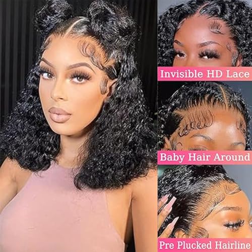 13x6 Deep Wave Lace Front Wigs Short Curly Bob Wig Human Hair 200 Density HD Glueless Lace Frontal Human Hair Wigs for Black Women Pre Plucked Natural Black 8 Inch
