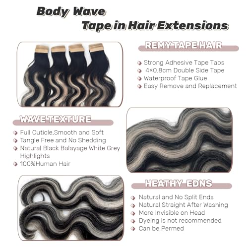 Tape in Hair Extensions Human Hair 26 Inch Body Wave Natural Black Hair Balayage Silver Grey Highlights Hair Extensions Real Human Hair Tape ins for Black Women 20 PCS Double Sided Tape Hair 50G