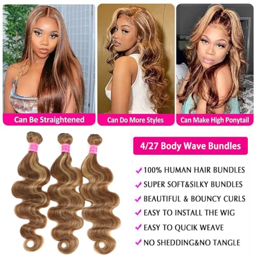 Highlight Human Hair Bundles Body Wave P4/27 Ombre Brown Body Wave Bundles Colored (14 16 18 Inches) Honey Blonde Human Hair Brazilian Virgin Hair Weave 100% Natural Herbal Dyeing