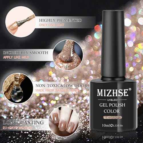 MIZHSE Reflective Gel Nail Polish, Glitter Gold Gel Polish, Sparkly Shiny Nail Effect Soak Off Nail Art Varnish for Beginners DIY at Home