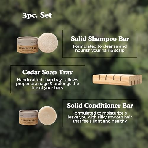 Shampoo & Conditioner Bar Set | Cedar + Patchouli | With Travel Container and Cedar Tray | Natural Salon Quality Shampoo, Zero Waste & Plastic Free