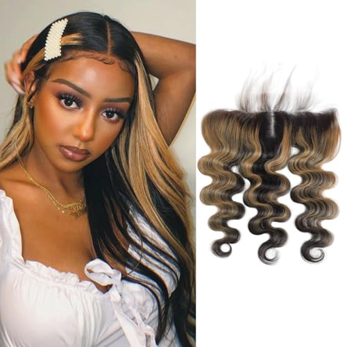 Honey Blonde Highlight Ombre 13x4 Lace Frontal Closure Only Human Hair Body Wave (150% Density, 20 IN), #27 Skunk Stripe Ear to Ear Lace HD Transparent Frontal Human Hair Pre Plucked Free Part