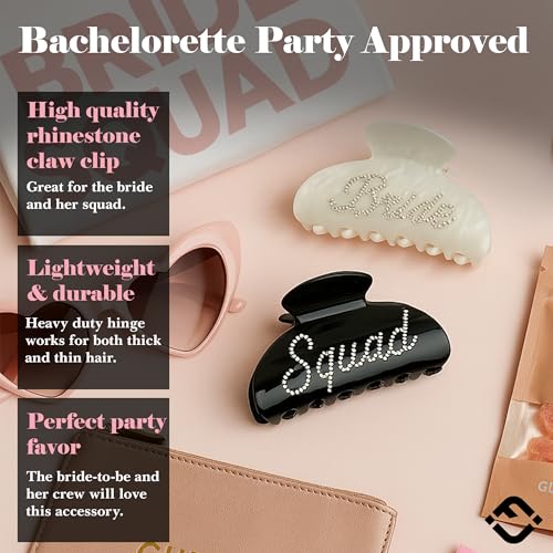 Funky Junque Bride Rhinestone Claw Clip | Bridal & Bridesmaid Hair Accessories for Bachelorette Party, Wedding Day, Gifts - 12 Pack - 1 Bride & 11 Squad