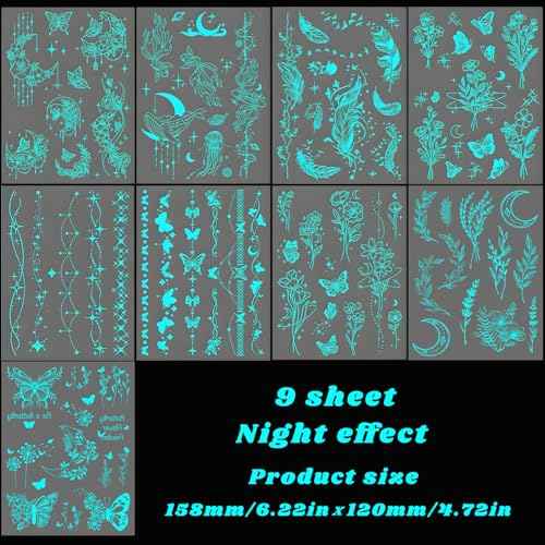 Luminous flower Butterfly Temporary Tattoos For Women Girls,9 Sheets Sexy Lace Fake Necklace Glow In The Dark Tattoo Wings Waterproof Face Body Arm Tattoo, Night Glitter Party Supply