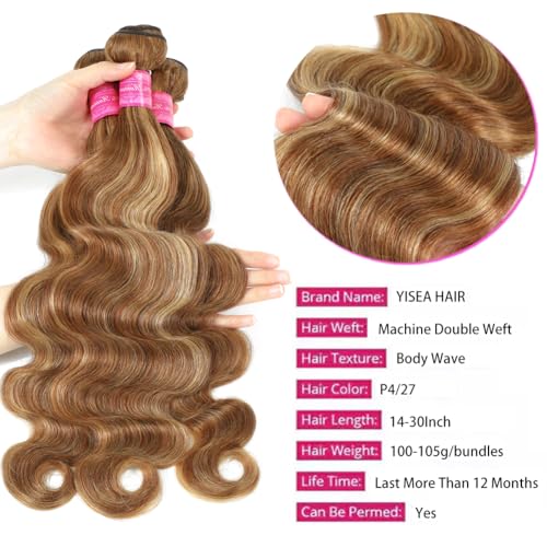 Highlight Human Hair Bundles Body Wave P4/27 Ombre Brown Body Wave Bundles Colored (14 16 18 Inches) Honey Blonde Human Hair Brazilian Virgin Hair Weave 100% Natural Herbal Dyeing