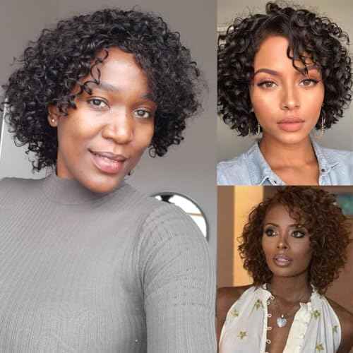 Kinky Curly 10 Inch Human Hair Wigs for Black Women - Wear and Go Glueless Short Wig with Natural Color - 100% Human Hair