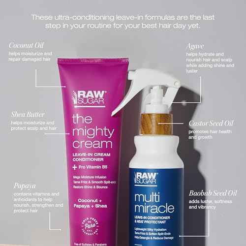 RAW SUGAR Leave In Conditioner Duo, Multi-Miracle Hair Mist and The Mighty Cream (2 Products) Heat Protectant, Hydration and Frizz Control for All Hair Types, A Conditioning Haircare Bundle
