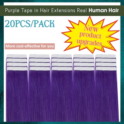 RUNATURE Purple Hair Extensions Human Hair Tape in Extensions 18 Inch 50g 20pcs Tape in Hair Extensions Colored Highlight Party Thick Tape in Human Hair Extensions #Purple