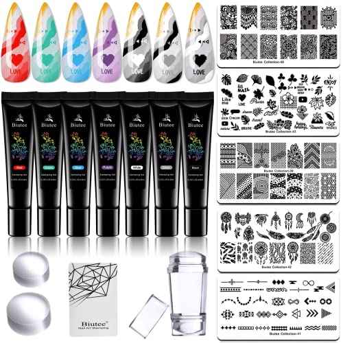 SEISSO 7 Colors Nail Stamping Polish Gel Nail Stamper Kit with 5 Pcs Nail Stamping Plates for Nails Art Stamp Beginners Kitiy