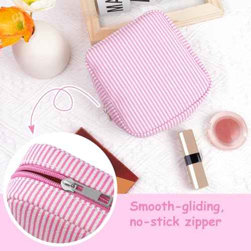 Breteil 2PCS Small Makeup Bag for Purse Cute Make up Bag with Mini Cosmetic Bag with Slip-in Pockets Candy Stripes Makeup Pouch Gifts for Women - Pink