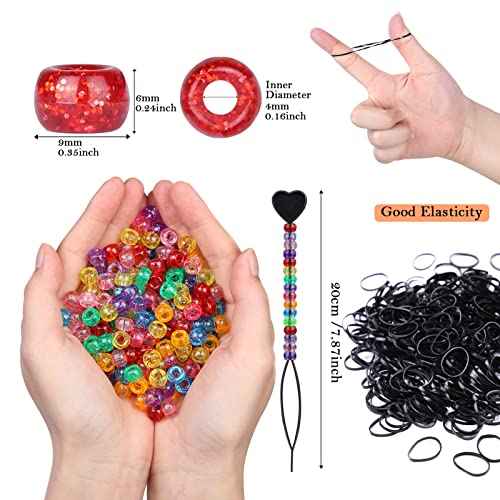 1605pcs Hair Braid Kit Including 600pcs 9x6mm Glitter Pony Beads, 1000pcs Elastic Rubber Bands, and 5pcs Quick Beaders