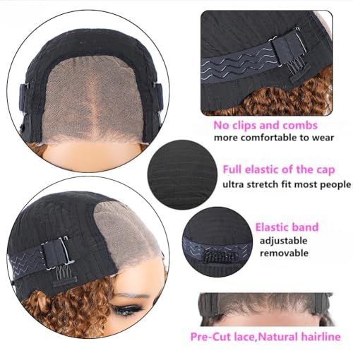14 inch Kinkycurly Wear and Go Glueless Wig Ombre Highlight 4/27 Wigs Pre Cut Transparent Lace Wig human hair Pre Plucked,Natural Hairline for Women 200% Density