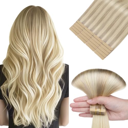 HOTBANANA Tape in Hair Extensions, Ombre Ash Blonde to Golden Blonde and Platinum Blonde 50g Tape in Hair Extensions Real Human Hair Stright Remy Hair Tape in Hair Extensions 24 inch 20pcs
