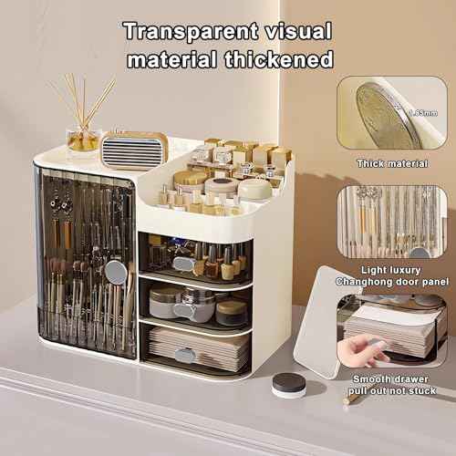 DASITON Makeup Organizer for Vanity,Large Capacity Makeup Storage Organizer with 3-Layer Drawers and Mirror,Cosmetics Display Case Make up Organizers for Vanity,Bedroom,Countertop(Black-Cream)