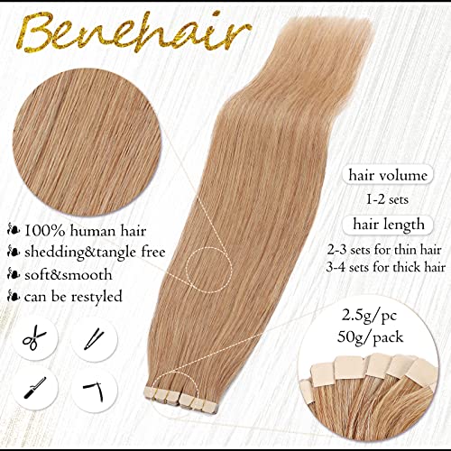 Benehair Tape-in Hair Extensions Human Hair Blonde 20pcs 50g/pack Straight Hair Extensions Seamless Skin Weft Tape-in Natural Hair for Women (20", 27 Dark Blonde)