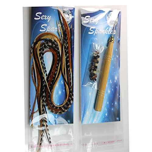 Feather Hair Extension ? Grizzly and Solid Colored Feathers, All Individual Feathers, Ranging From 8 to 11 Inches in Length, With a Total of 20 Real Feathers, Includes Beads and Loop Tool Kit