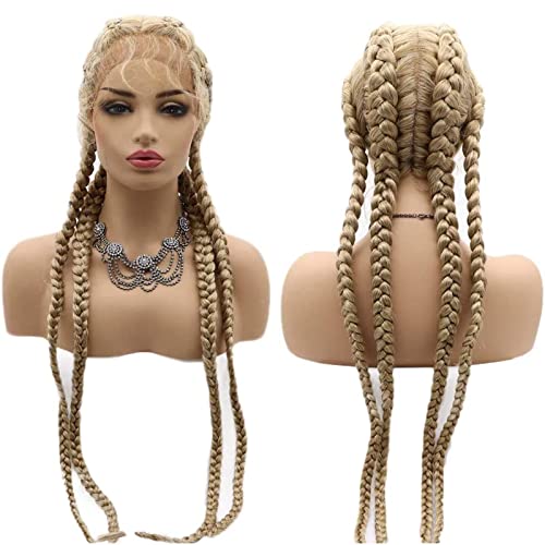 613 Braided Lace Front Wig Blonde French Braided Wigs for Black Women Straight Long Dutch Braids Wig Twisted Braiding Glueless Real Hair Wig Synthetic Heat Resistant Drag Cosplay Daily 30Inch