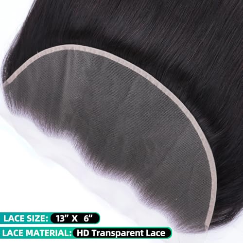 Perismoda 13x6 Full Lace Frontal Closure 18 Inch Straight HD Transparent Lace Frontal Ear to Ear 12A Brazilian Virgin Human Hair Lace Closure Pre Plucked Bleached Knots Natural Black