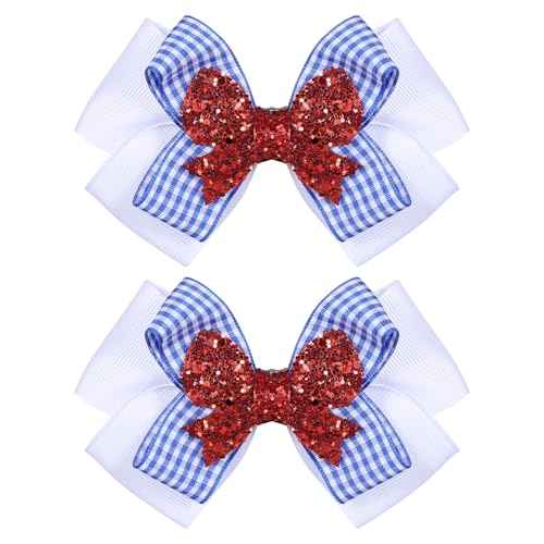 4.5in Blue White Checker Plaid Ribbon Hair Bow Clips Red Glitter Gingham Pigtail Alligator Hairpins Halloween Costume Dress Up Birthday Party Accessory Gift for Girls Women