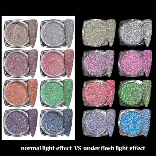 Reflective Glitter Powder Set, 8 Colors Sparkle Diamond Nail Glitter Dust, Silver Pink Purple Green Loose Glitter for Nails, Shiny Sugar Nail Powder Dipping Pigment, Nail Supplies