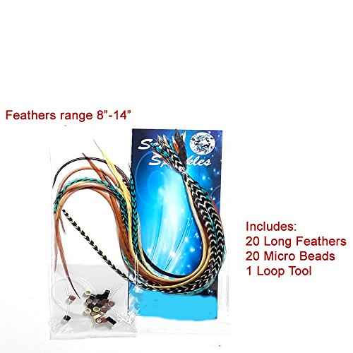 Sexy Sparkles - Feather Hair Extensions, 20 Hair Feathers 8-11 Inches with 20 Beads and Loop Tool Kit
